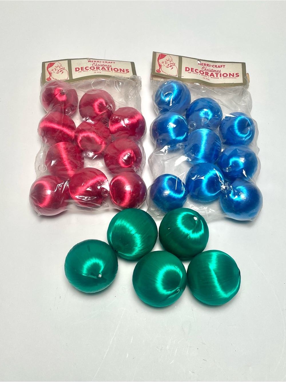 24 Vintage Satin Sheen Christmas Ornaments Red Blue Green Merri-Craft 1.5"-2”